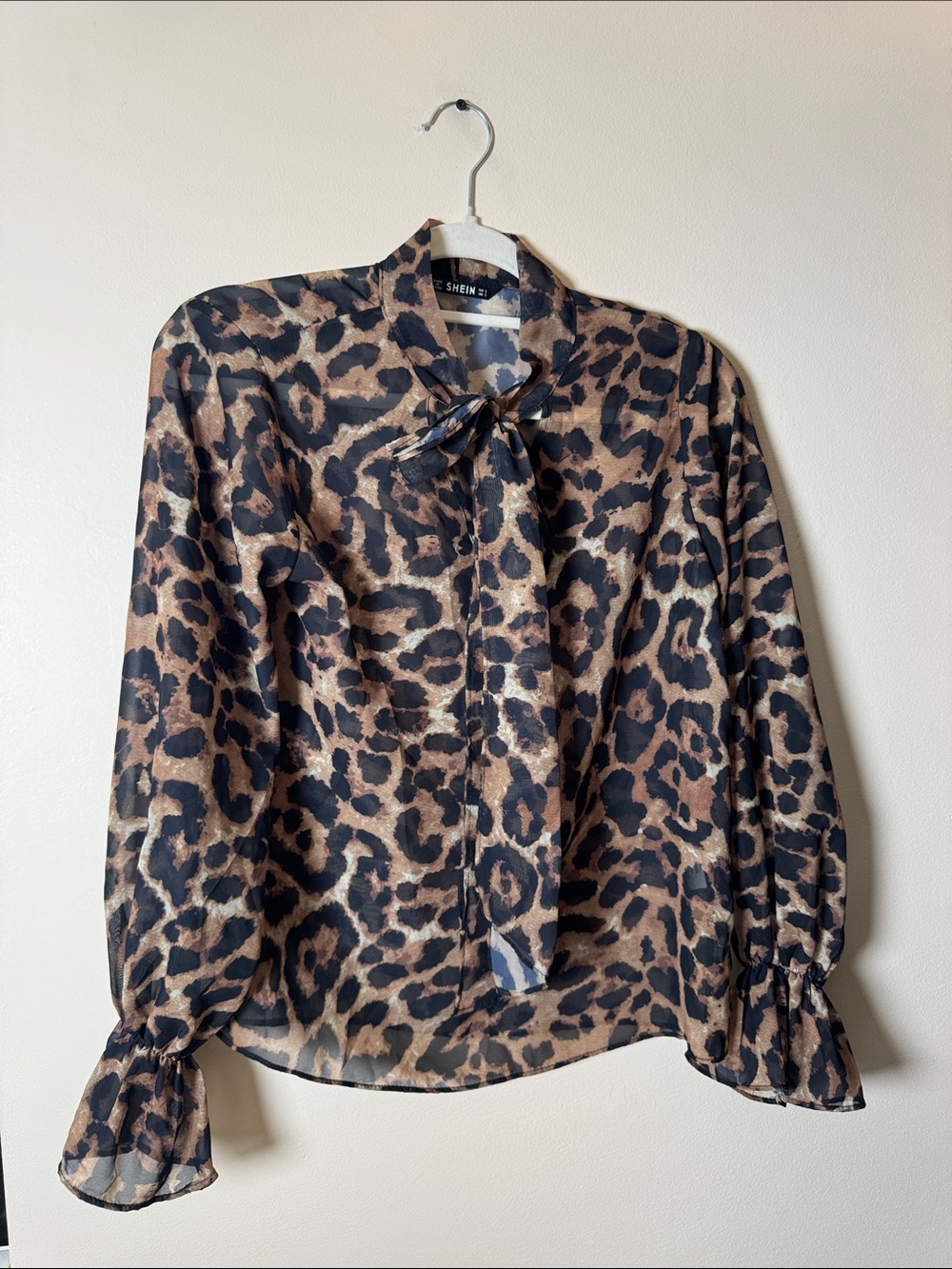 SHEIN Leopard Print Tie-Neck Blouse - Black & Brown